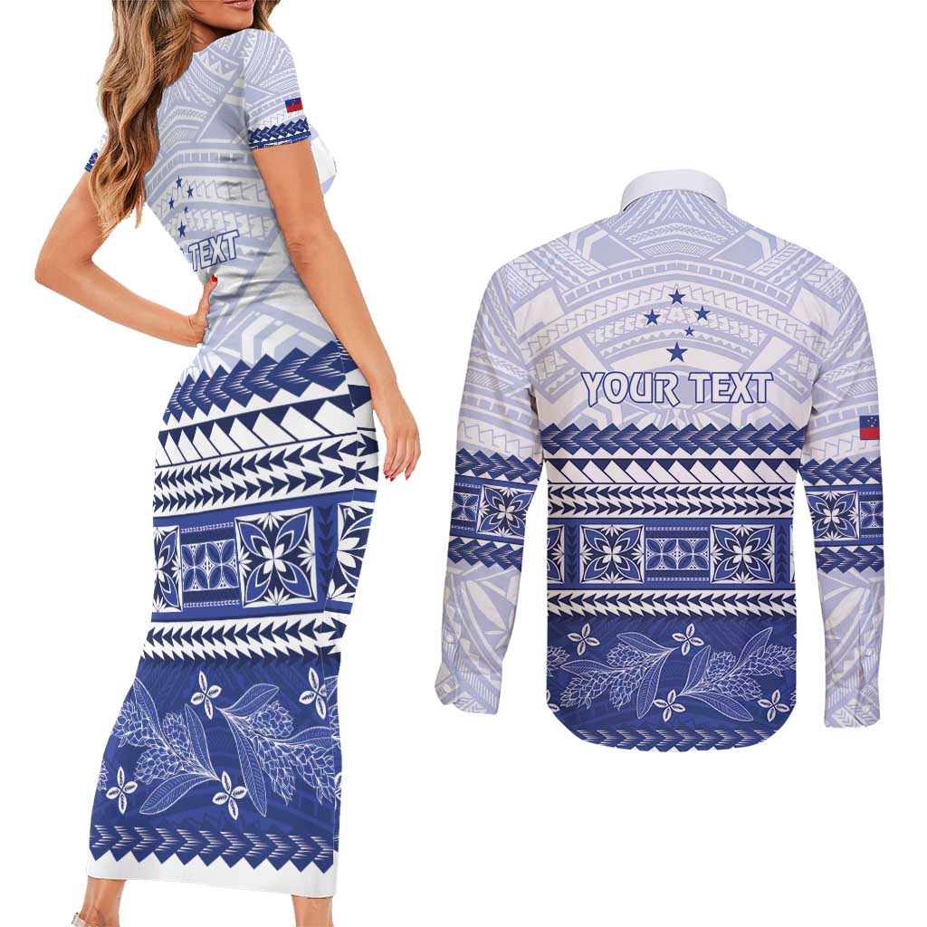 Personalised HRPP Samoa Siapo Couples Matching Short Sleeve Bodycon Dress and Long Sleeve Button Shirt Teuila Flowers Samoan Pattern - Polynesian Pride