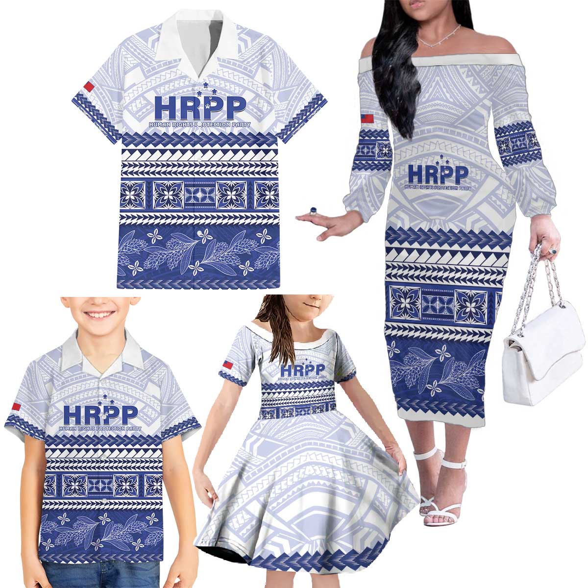 Personalised HRPP Samoa Siapo Family Matching Off The Shoulder Long Sleeve Dress and Hawaiian Shirt Teuila Flowers Samoan Pattern - Polynesian Pride