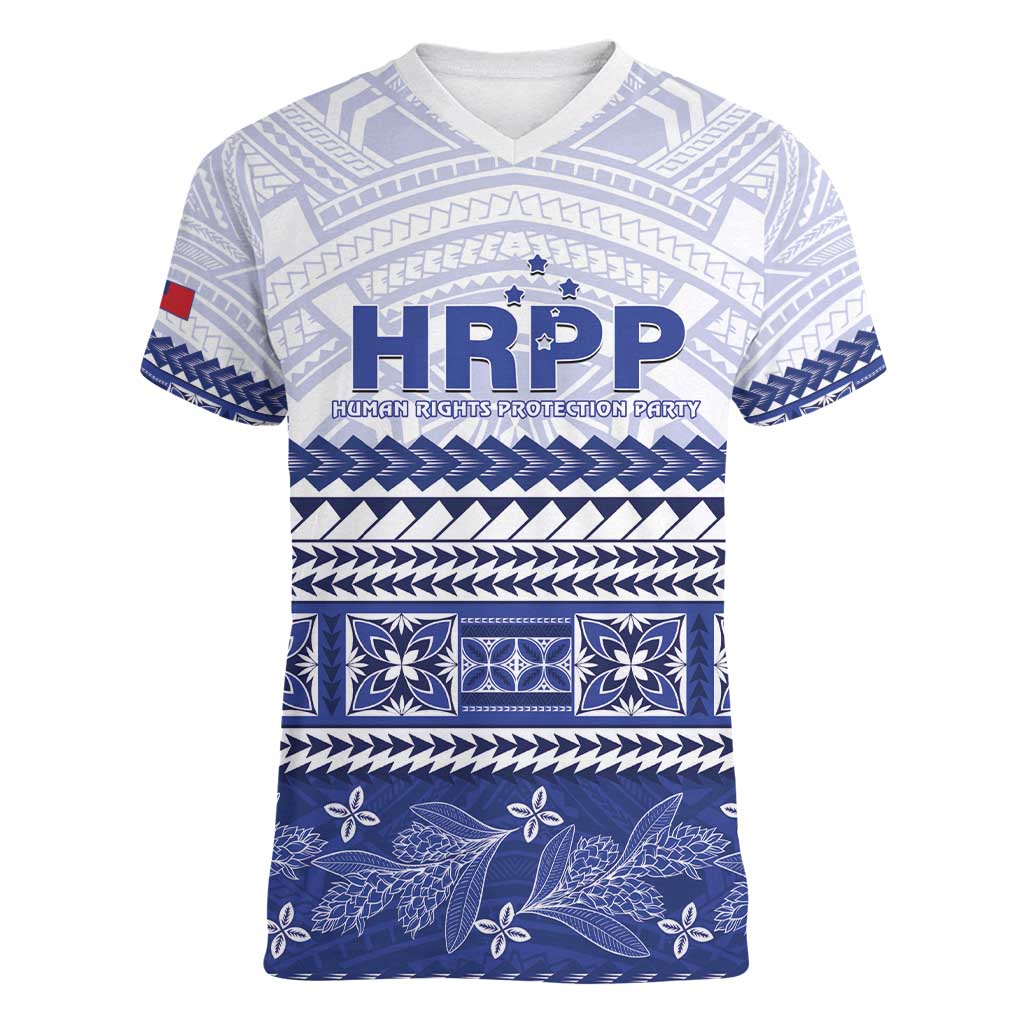 Personalised HRPP Samoa Siapo Women V-Neck T-Shirt Teuila Flowers Samoan Pattern LT14 Female White - Polynesian Pride