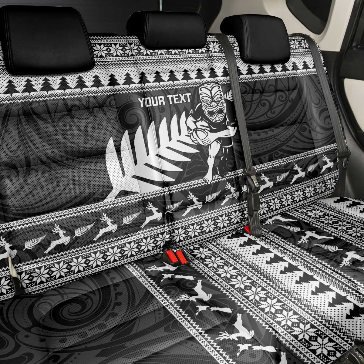 New Zealand Christmas Rugby Personalised Back Car Seat Cover Meri Kirihimete All Black Maori - Polynesian Pride