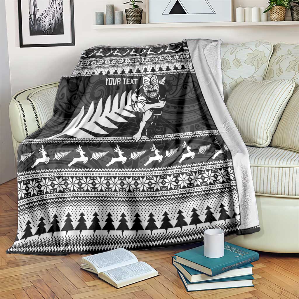 New Zealand Christmas Rugby Personalised Blanket Meri Kirihimete All Black Maori - Polynesian Pride