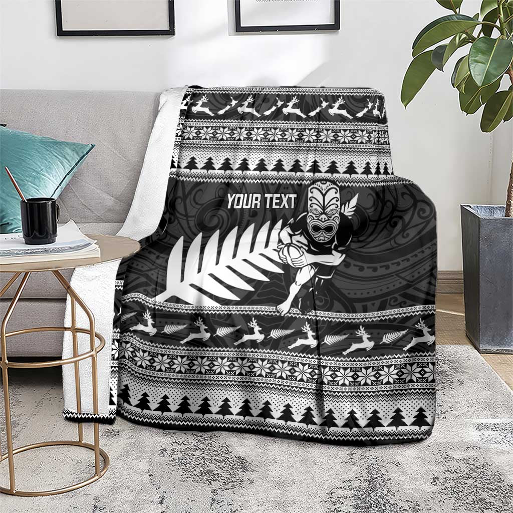 New Zealand Christmas Rugby Personalised Blanket Meri Kirihimete All Black Maori - Polynesian Pride