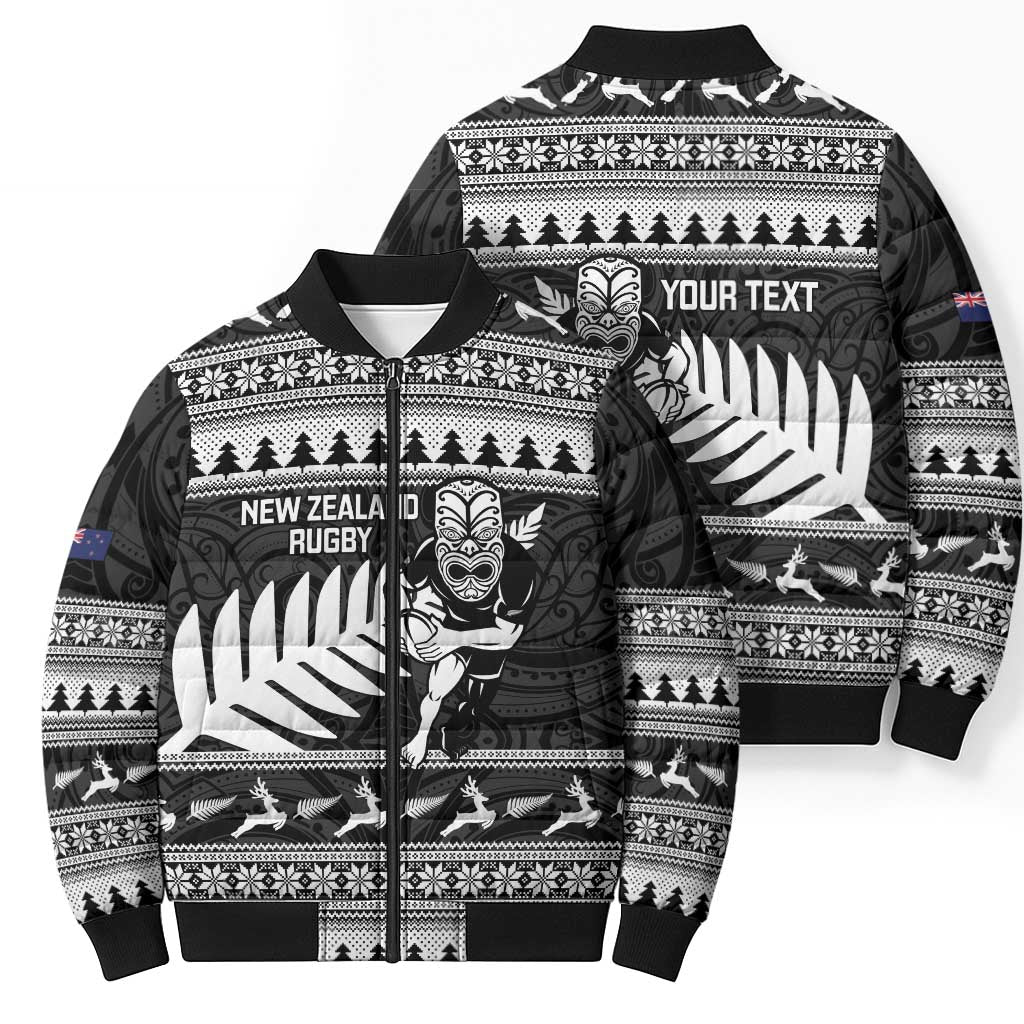 New Zealand Christmas Rugby Personalised Bomber Puffer Jacket Meri Kirihimete All Black Maori - Polynesian Pride