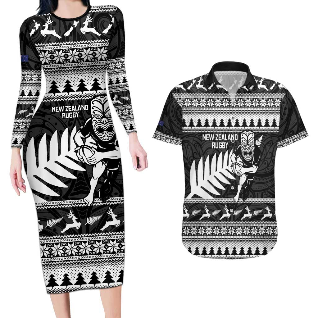 New Zealand Christmas Rugby Personalised Couples Matching Long Sleeve Bodycon Dress and Hawaiian Shirt Meri Kirihimete All Black Maori - Polynesian Pride