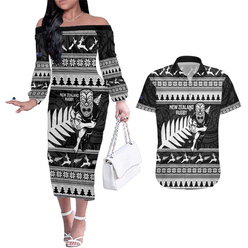 New Zealand Christmas Rugby Personalised Couples Matching Off The Shoulder Long Sleeve Dress and Hawaiian Shirt Meri Kirihimete All Black Maori - Polynesian Pride