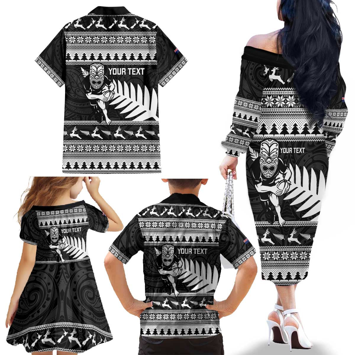 New Zealand Christmas Rugby Personalised Family Matching Off The Shoulder Long Sleeve Dress and Hawaiian Shirt Meri Kirihimete All Black Maori - Polynesian Pride