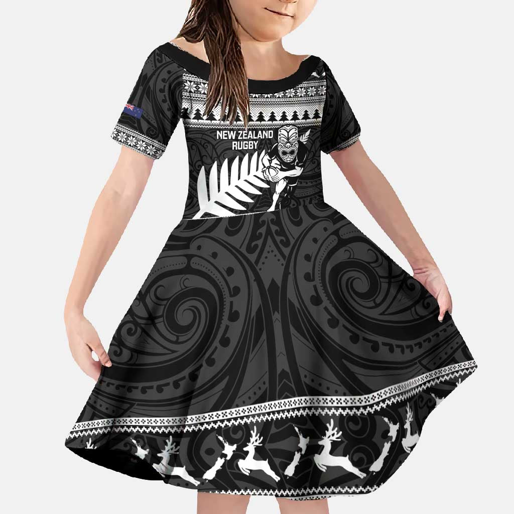 New Zealand Christmas Rugby Personalised Family Matching Off Shoulder Maxi Dress and Hawaiian Shirt Meri Kirihimete All Black Maori - Polynesian Pride