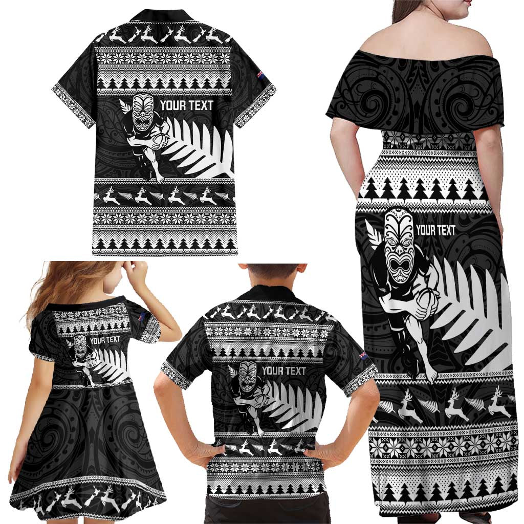 New Zealand Christmas Rugby Personalised Family Matching Off Shoulder Maxi Dress and Hawaiian Shirt Meri Kirihimete All Black Maori - Polynesian Pride