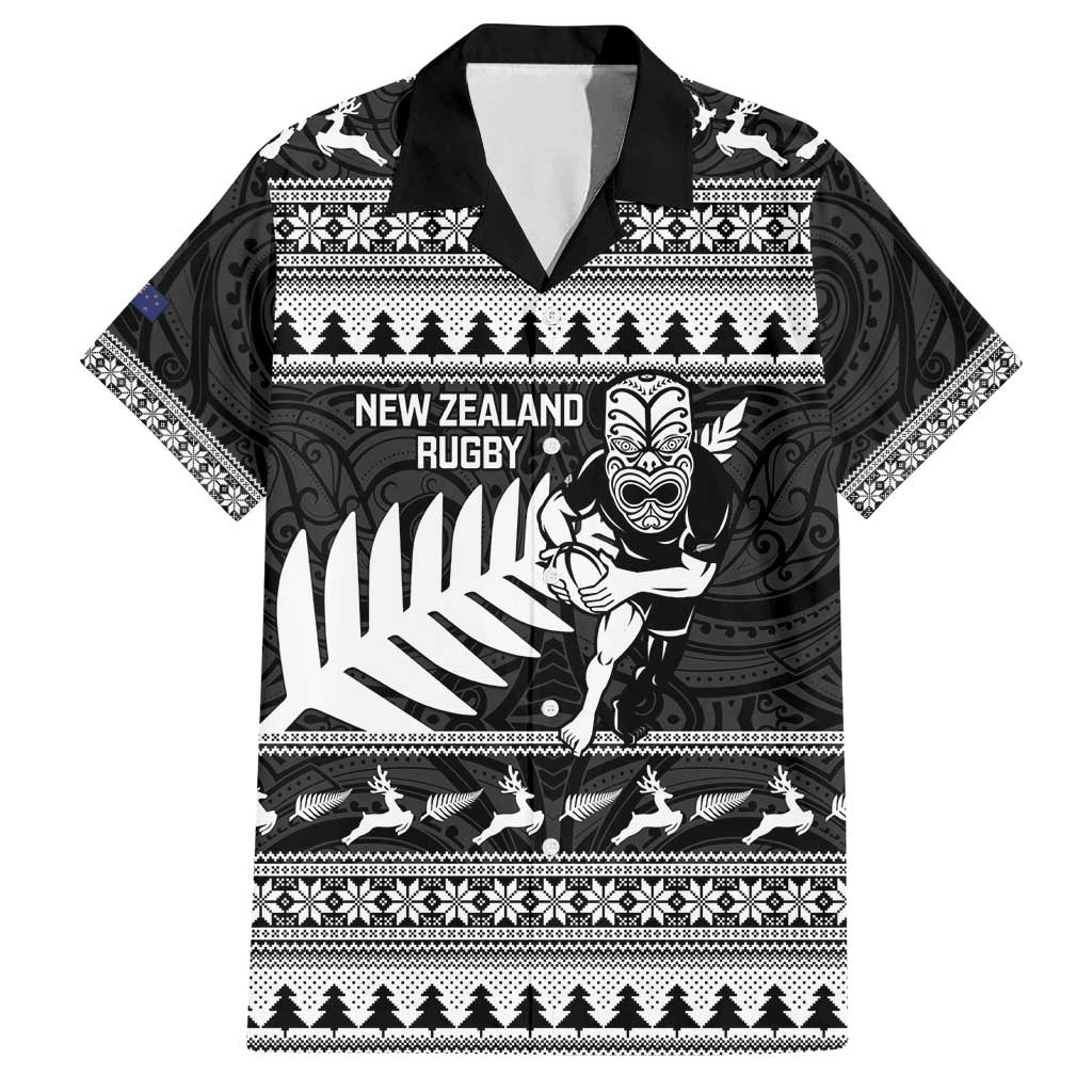 New Zealand Christmas Rugby Personalised Family Matching Off Shoulder Short Dress and Hawaiian Shirt Meri Kirihimete All Black Maori - Polynesian Pride