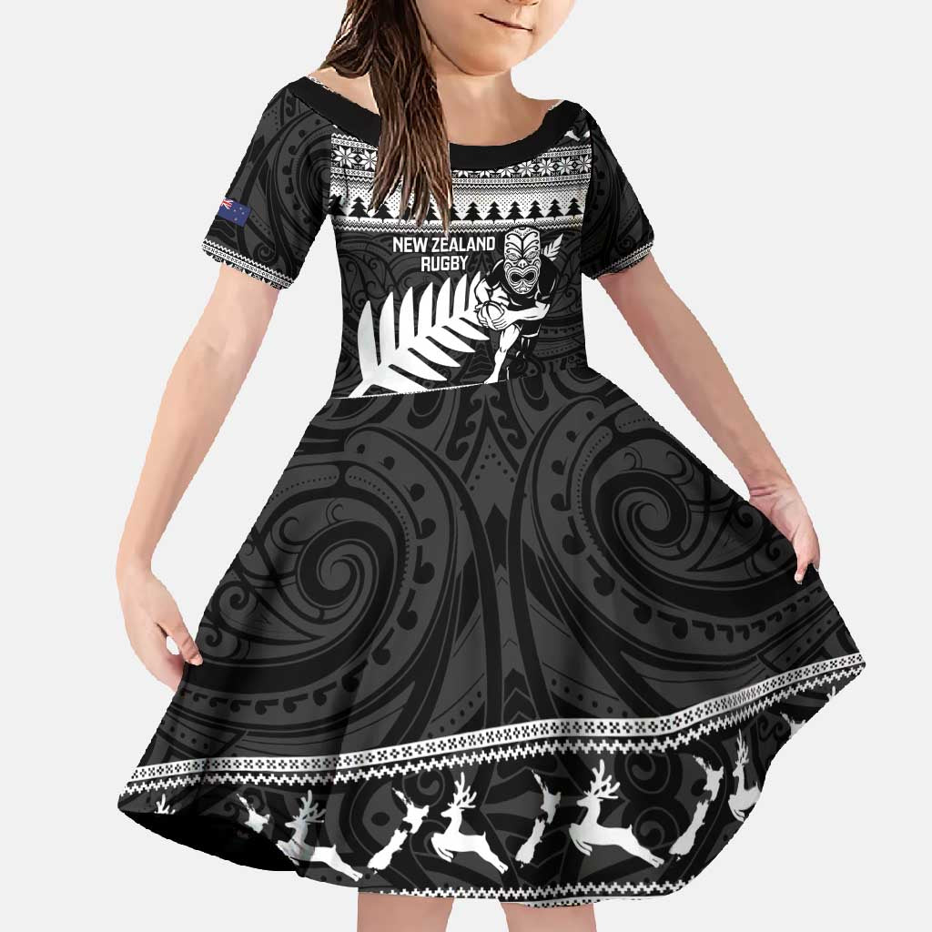 New Zealand Christmas Rugby Personalised Family Matching Short Sleeve Bodycon Dress and Hawaiian Shirt Meri Kirihimete All Black Maori - Polynesian Pride