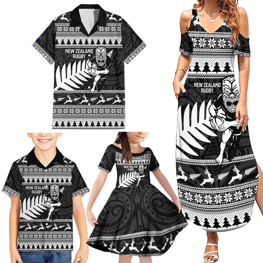 New Zealand Christmas Rugby Personalised Family Matching Summer Maxi Dress and Hawaiian Shirt Meri Kirihimete All Black Maori - Polynesian Pride