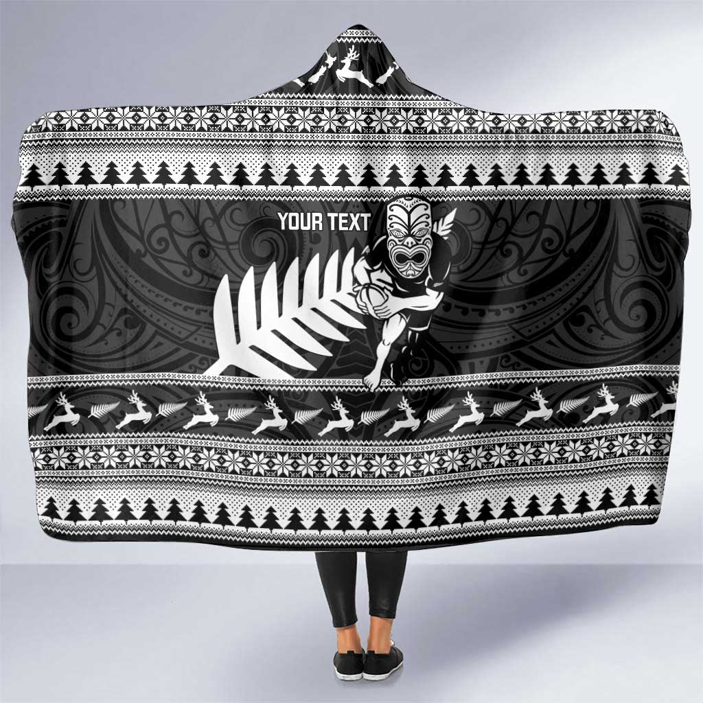 New Zealand Christmas Rugby Personalised Hooded Blanket Meri Kirihimete All Black Maori - Polynesian Pride