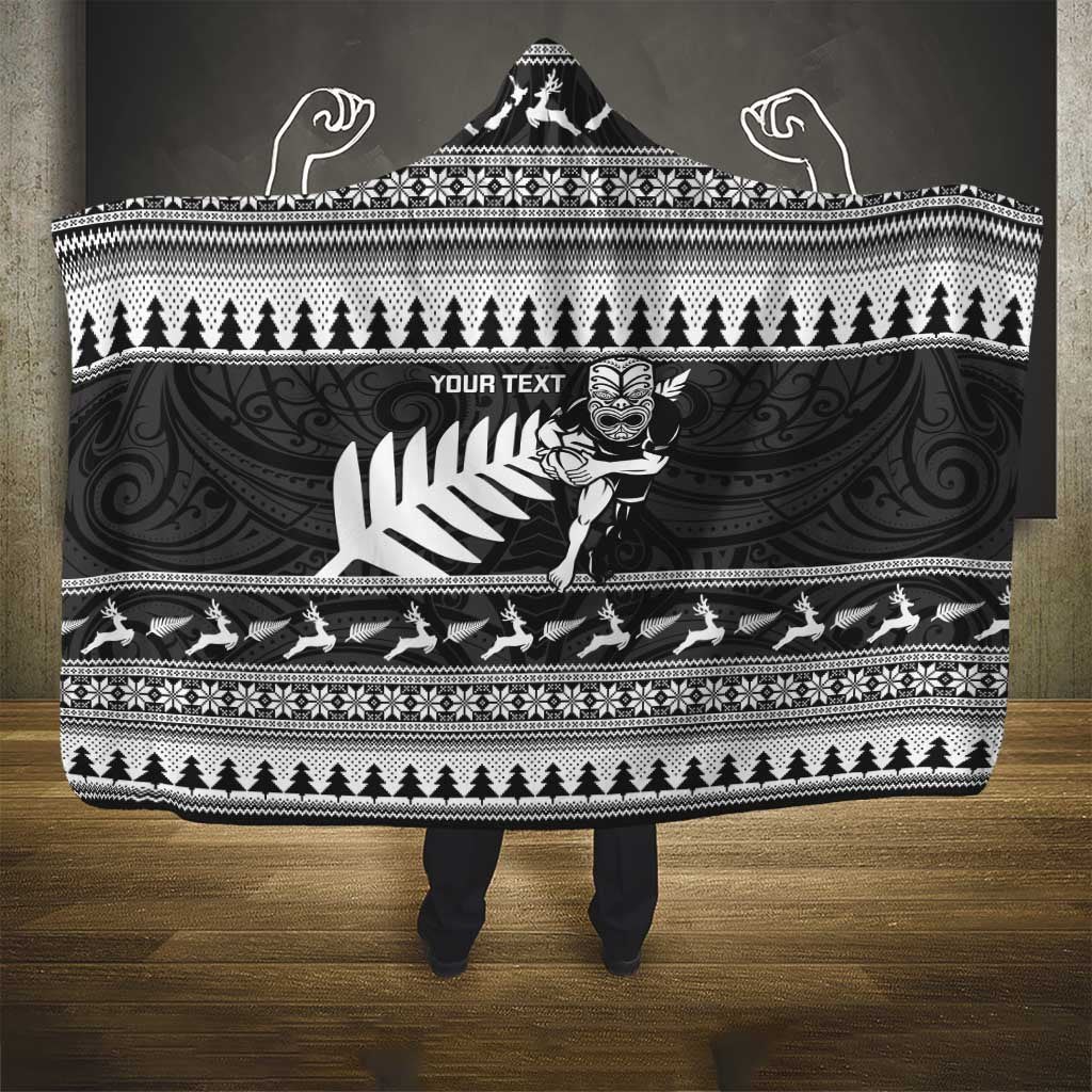 New Zealand Christmas Rugby Personalised Hooded Blanket Meri Kirihimete All Black Maori - Polynesian Pride