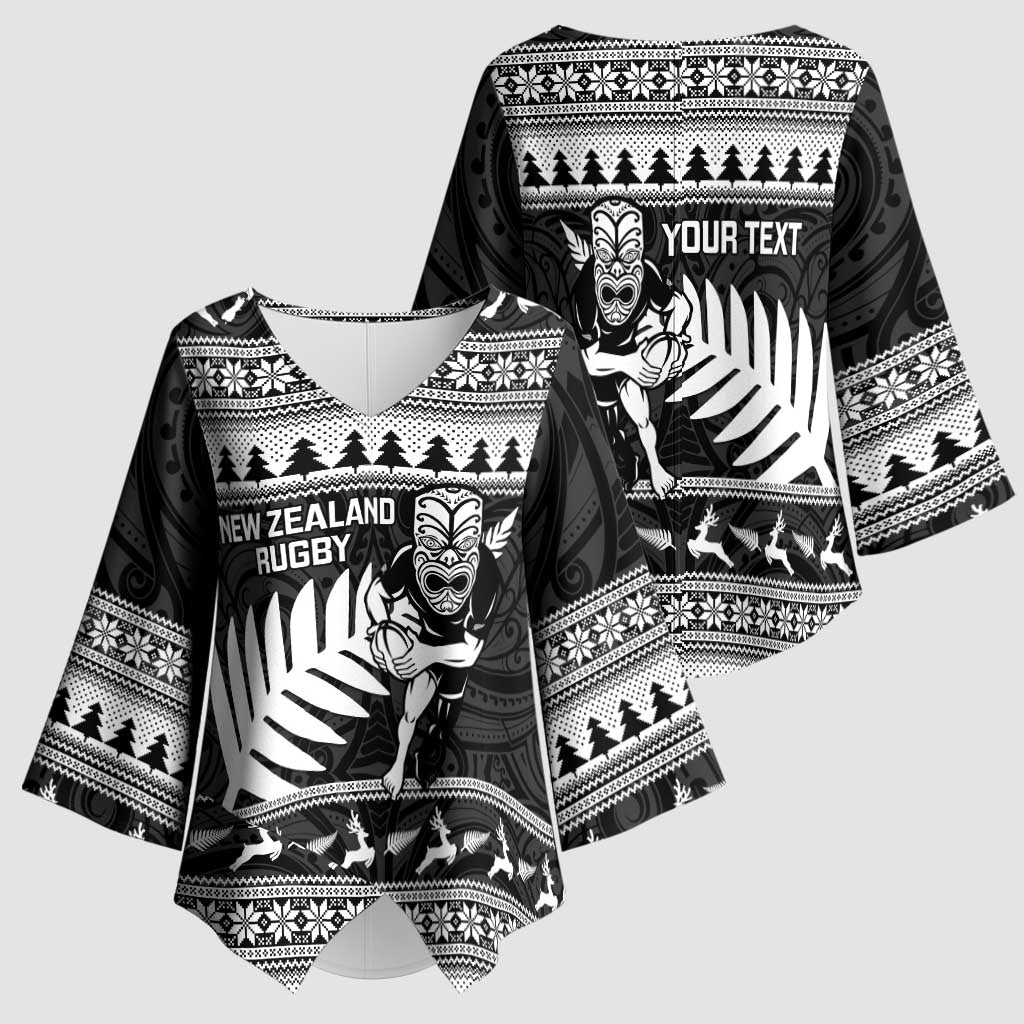New Zealand Christmas Rugby Personalised Kimono Sleeve Blouse Meri Kirihimete All Black Maori - Polynesian Pride