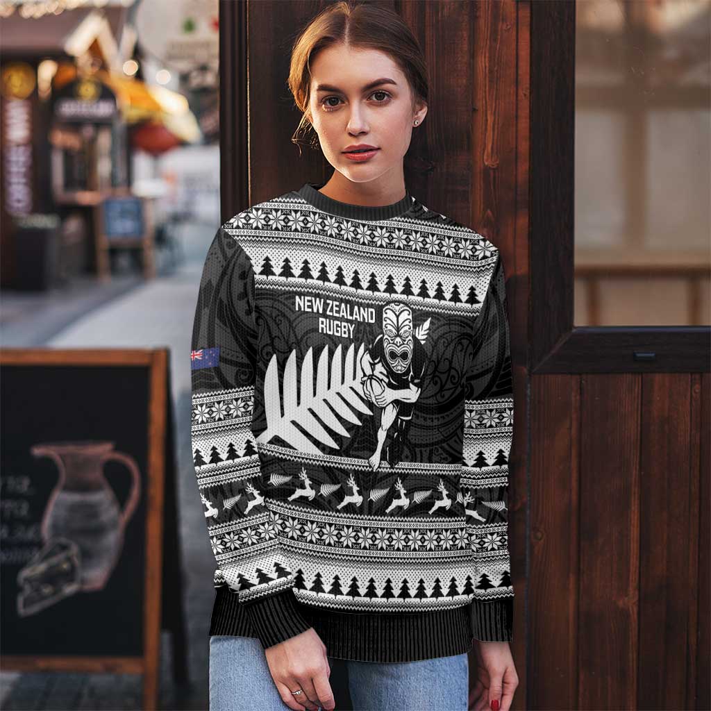 New Zealand Christmas Rugby Personalised Ugly Christmas Sweater Meri Kirihimete All Black Maori - Polynesian Pride