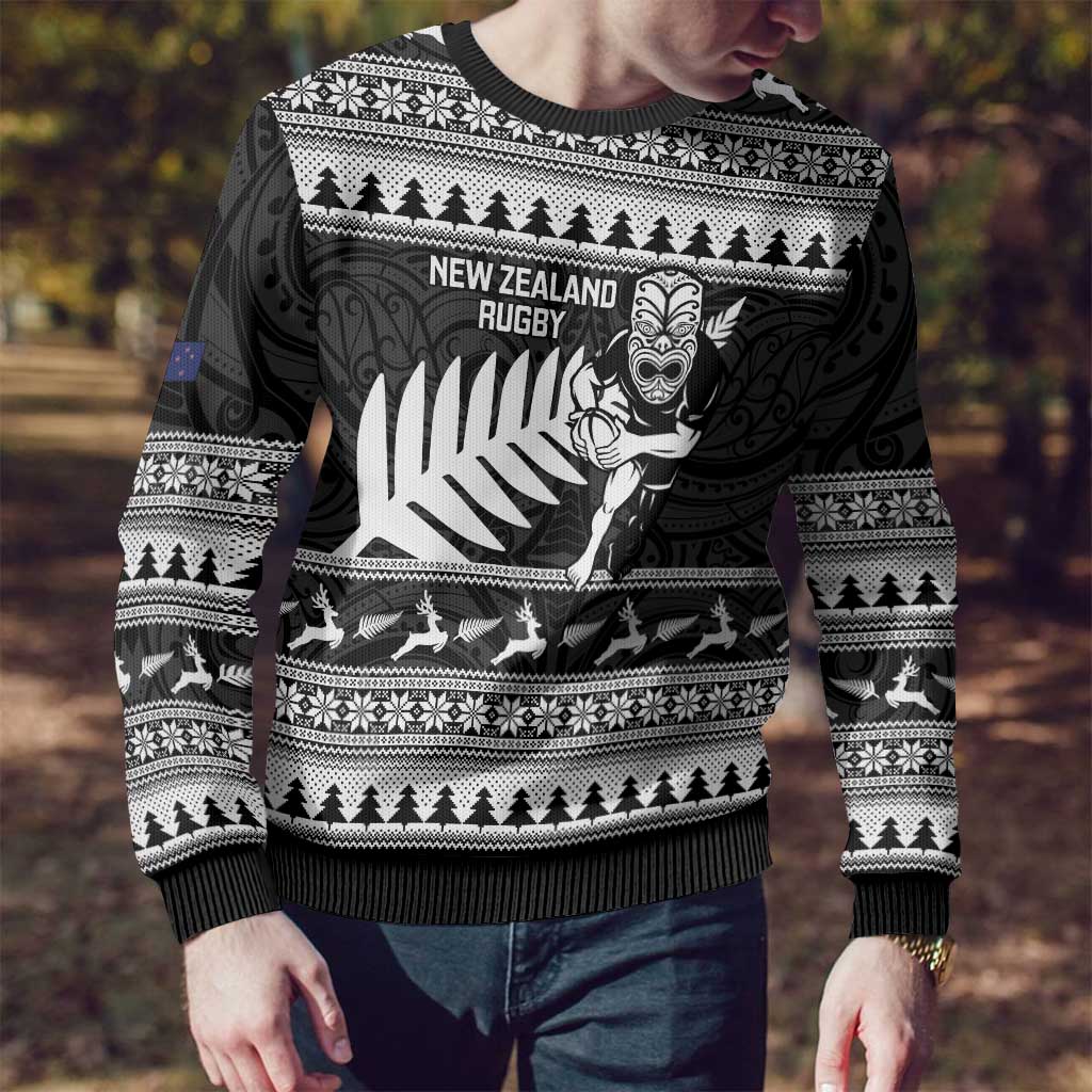 New Zealand Christmas Rugby Personalised Ugly Christmas Sweater Meri Kirihimete All Black Maori - Polynesian Pride