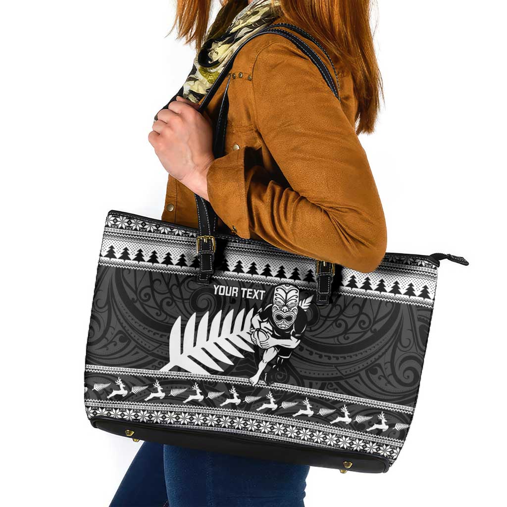 New Zealand Christmas Rugby Personalised Leather Tote Bag Meri Kirihimete All Black Maori - Polynesian Pride