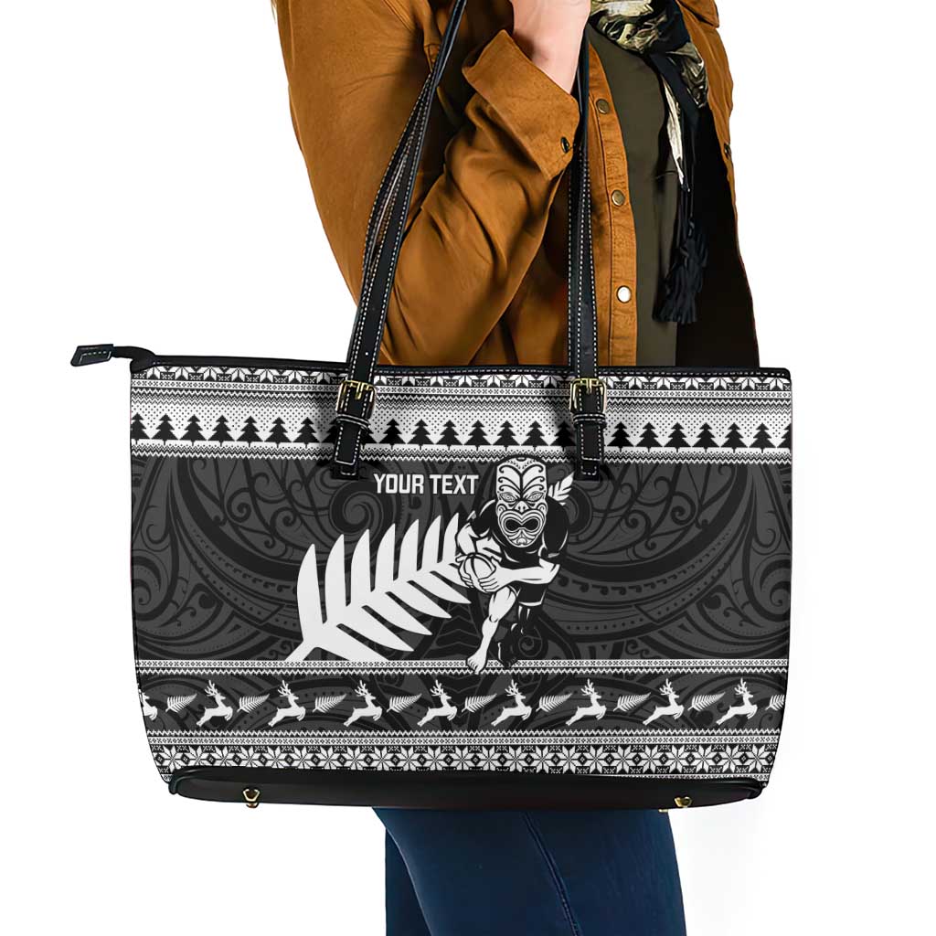 New Zealand Christmas Rugby Personalised Leather Tote Bag Meri Kirihimete All Black Maori - Polynesian Pride