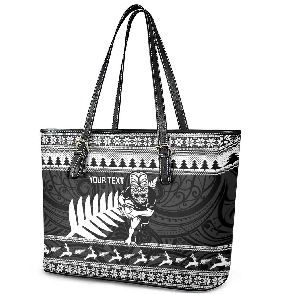 New Zealand Christmas Rugby Personalised Leather Tote Bag Meri Kirihimete All Black Maori - Polynesian Pride