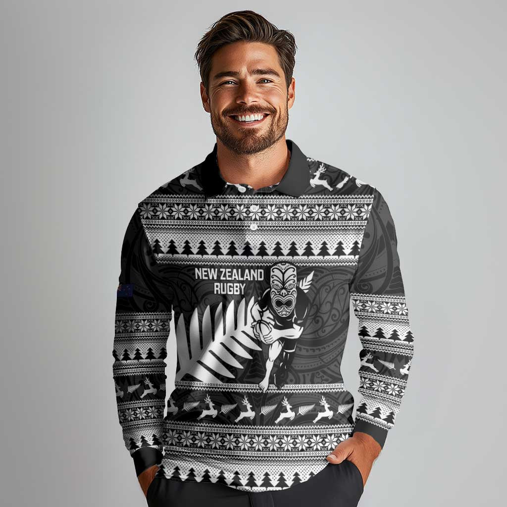 New Zealand Christmas Rugby Personalised Long Sleeve Polo Shirt Meri Kirihimete All Black Maori - Polynesian Pride