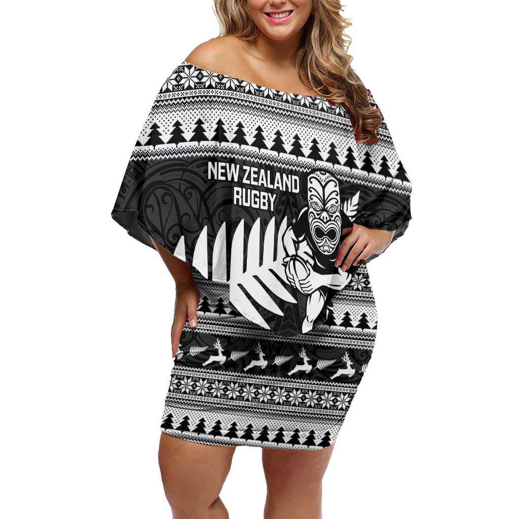 New Zealand Christmas Rugby Personalised Off Shoulder Short Dress Meri Kirihimete All Black Maori - Polynesian Pride