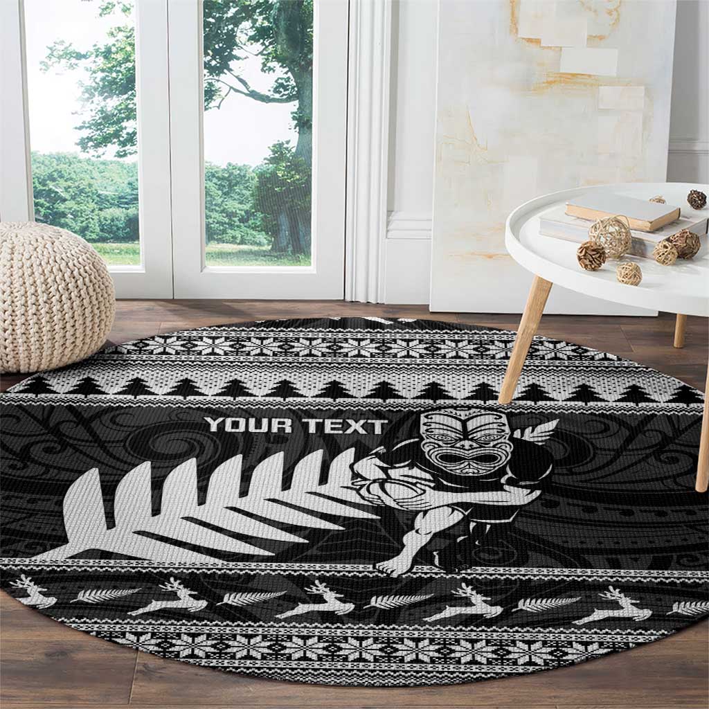 New Zealand Christmas Rugby Personalised Round Carpet Meri Kirihimete All Black Maori - Polynesian Pride