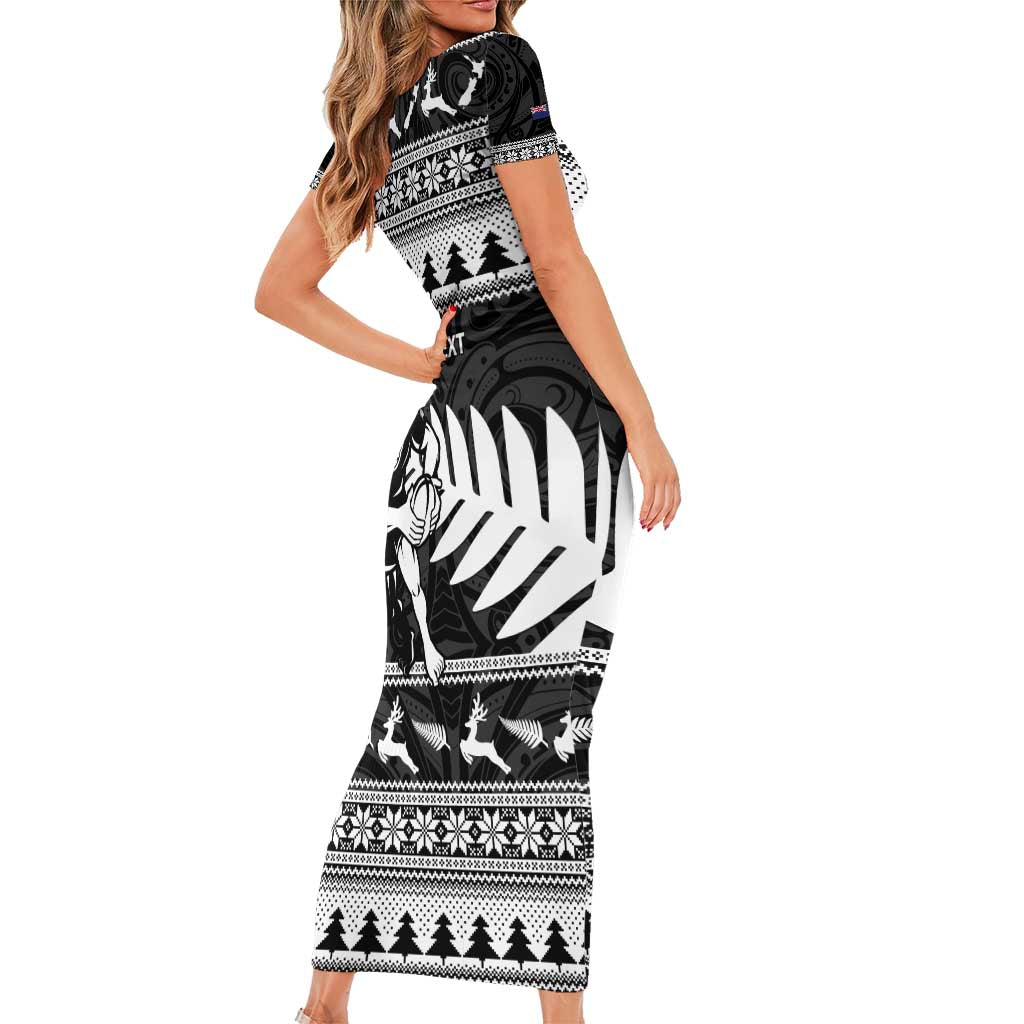 New Zealand Christmas Rugby Personalised Short Sleeve Bodycon Dress Meri Kirihimete All Black Maori - Polynesian Pride