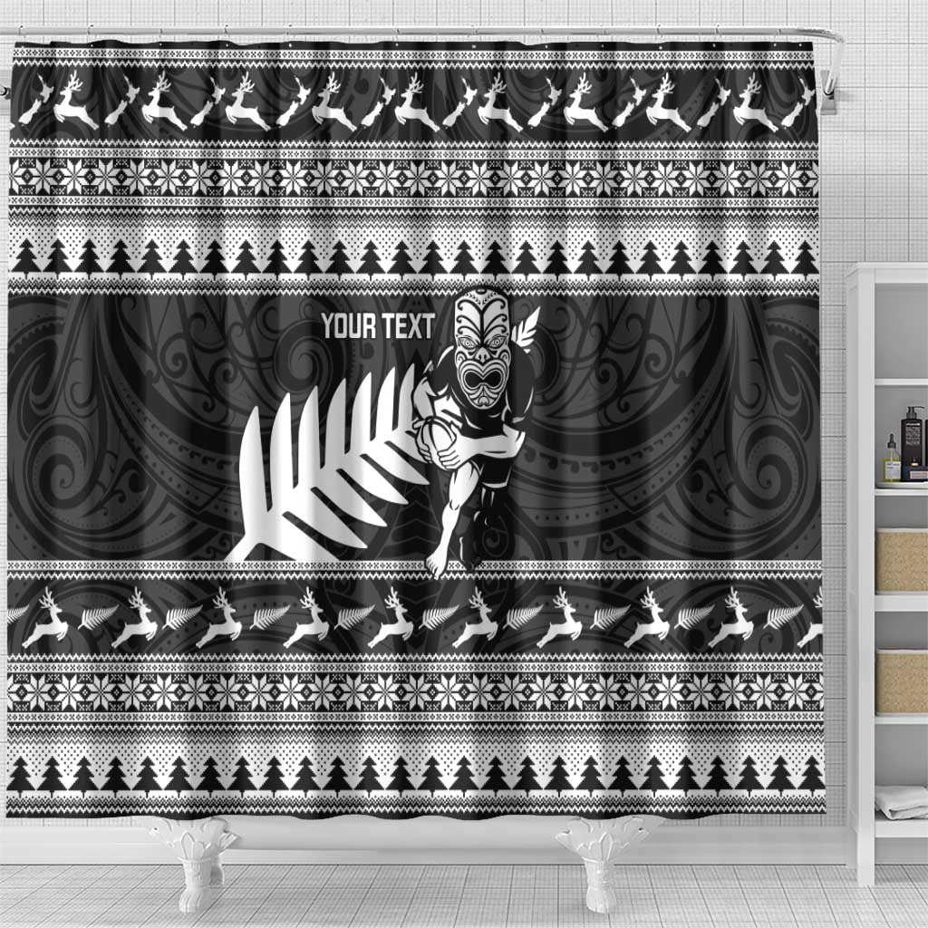 New Zealand Christmas Rugby Personalised Shower Curtain Meri Kirihimete All Black Maori - Polynesian Pride
