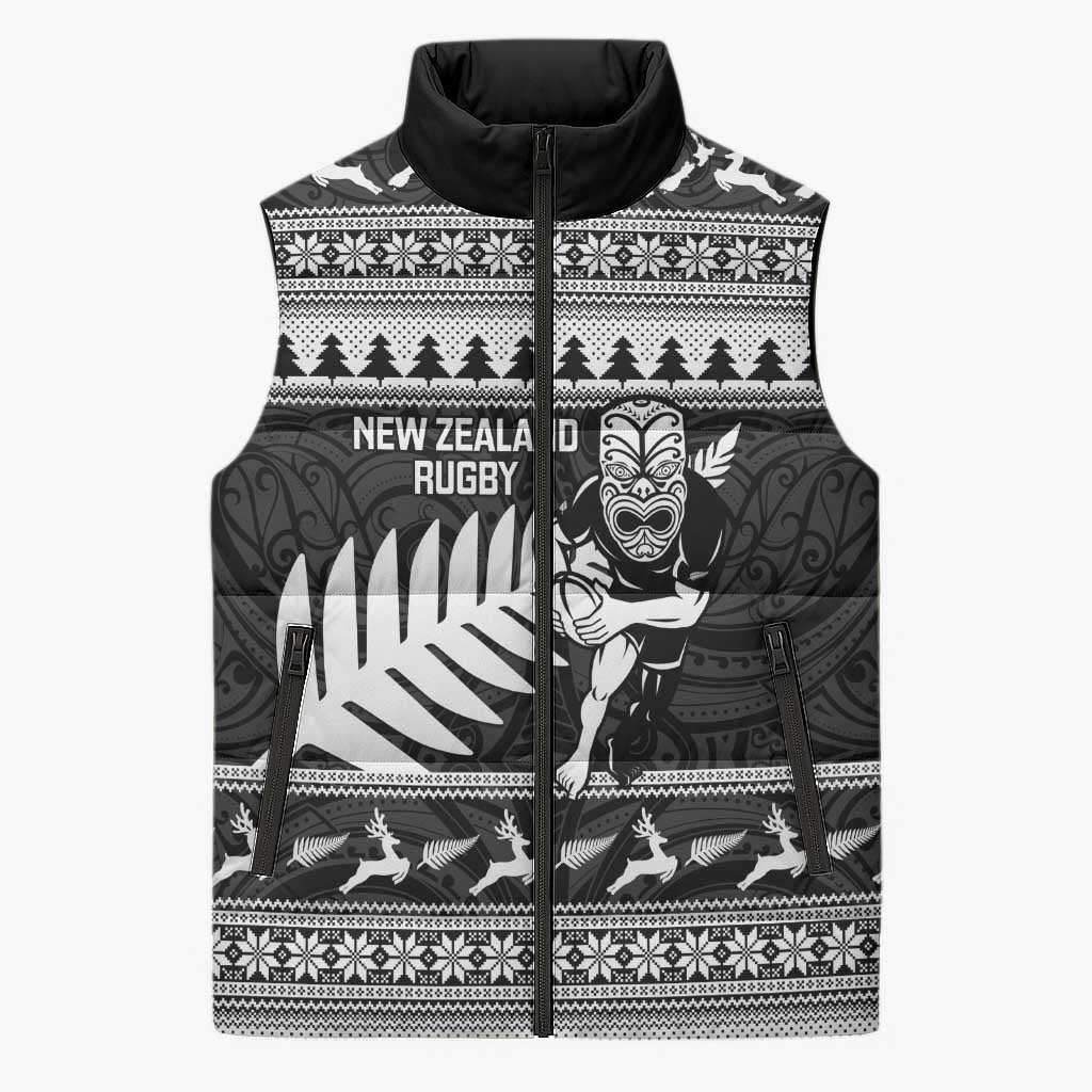 New Zealand Christmas Rugby Personalised Sleeveless Puffer Jacket Meri Kirihimete All Black Maori - Polynesian Pride