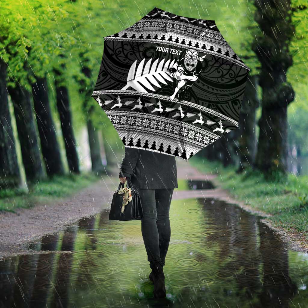 New Zealand Christmas Rugby Personalised Umbrella Meri Kirihimete All Black Maori - Polynesian Pride