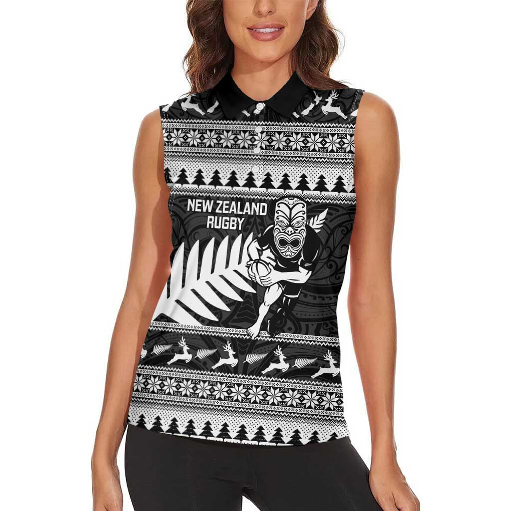 New Zealand Christmas Rugby Personalised Women Sleeveless Polo Shirt Meri Kirihimete All Black Maori - Polynesian Pride