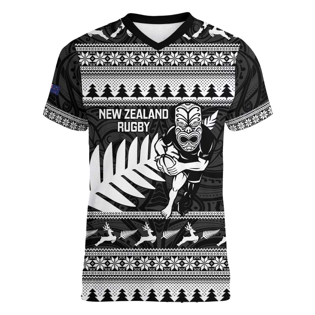 New Zealand Christmas Rugby Personalised Women V-Neck T-Shirt Meri Kirihimete All Black Maori - Polynesian Pride