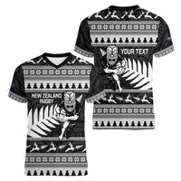 New Zealand Christmas Rugby Personalised Women V-Neck T-Shirt Meri Kirihimete All Black Maori - Polynesian Pride