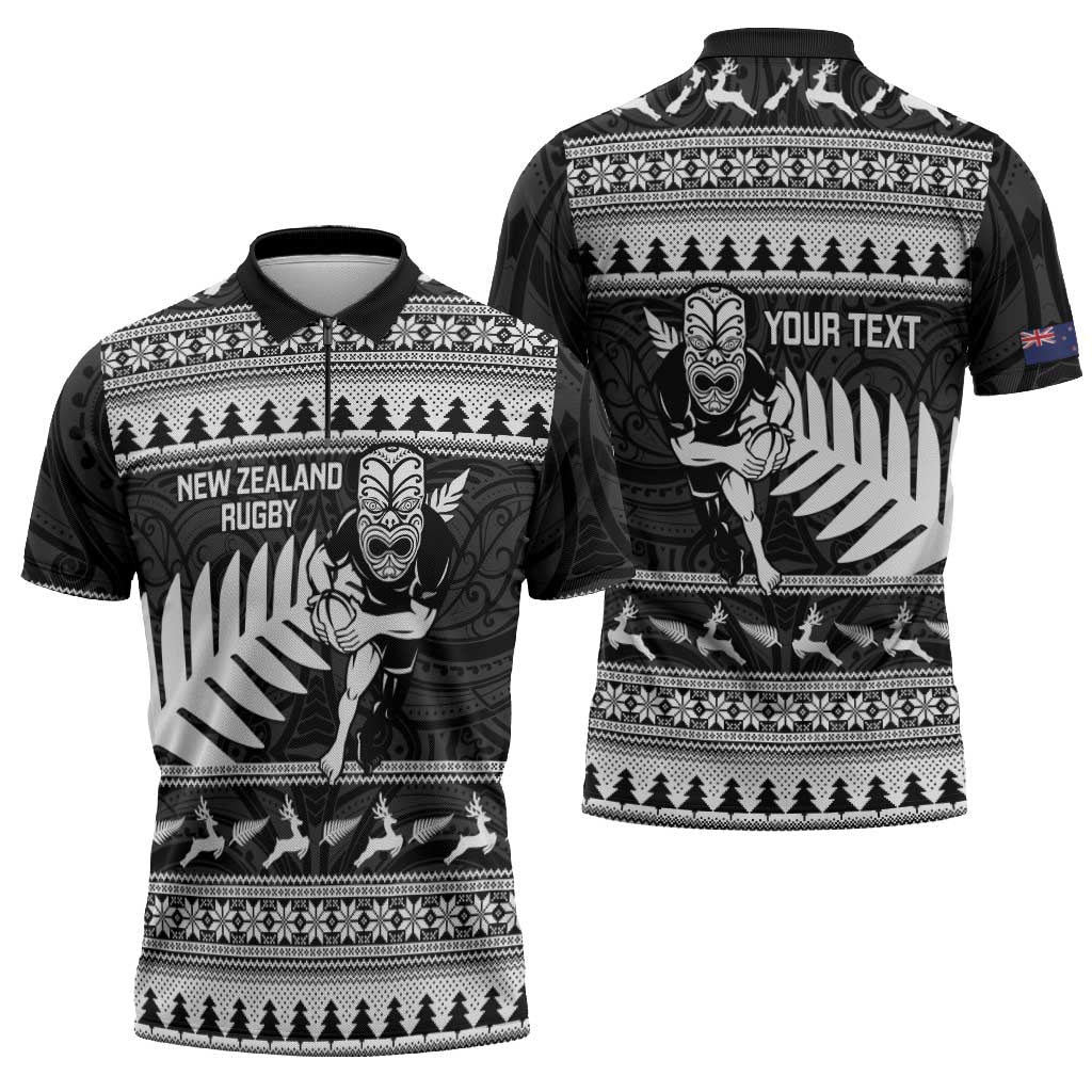 New Zealand Christmas Rugby Personalised Zipper Polo Shirt Meri Kirihimete All Black Maori - Polynesian Pride