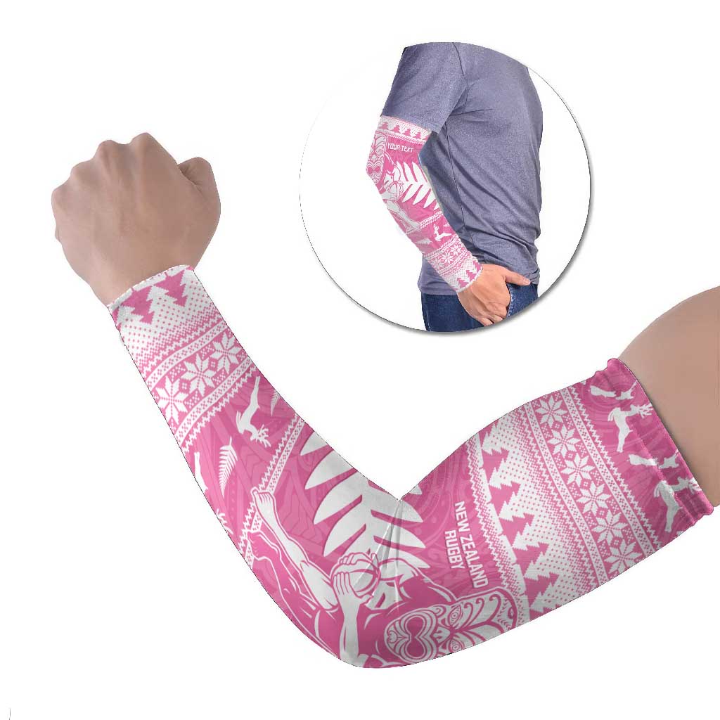 New Zealand Christmas Rugby Personalised Arm Sleeves Meri Kirihimete All Black Maori Pink Version - Polynesian Pride