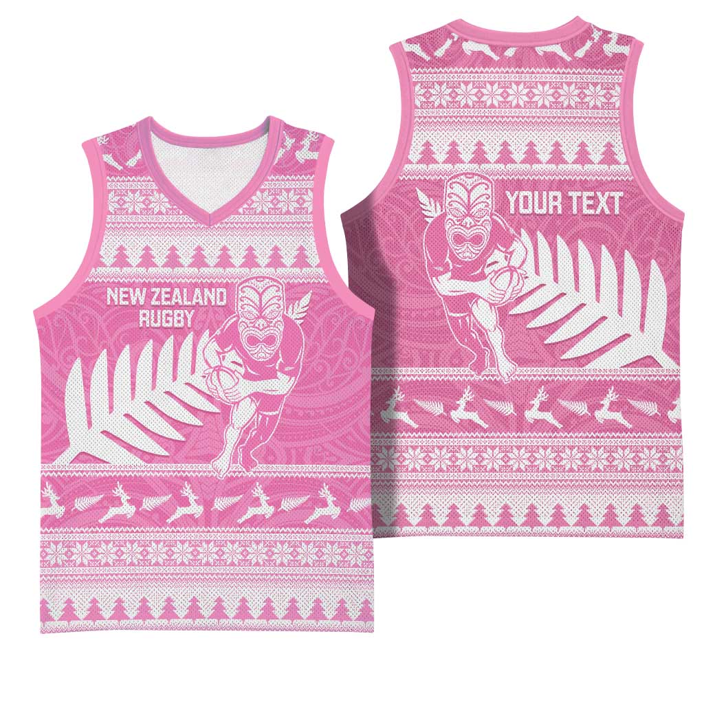 New Zealand Christmas Rugby Personalised Basketball Jersey Meri Kirihimete All Black Maori Pink Version - Polynesian Pride
