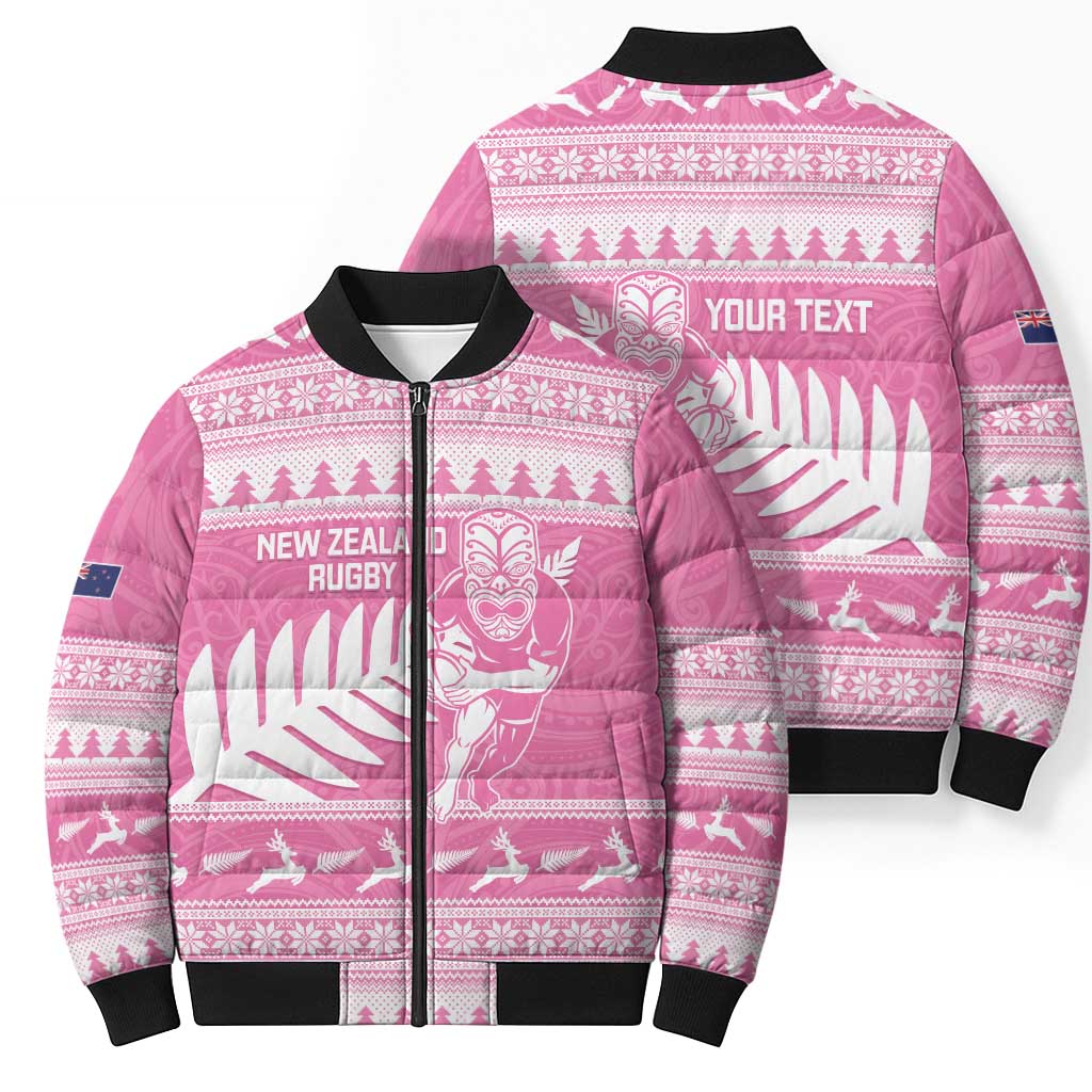 New Zealand Christmas Rugby Personalised Bomber Puffer Jacket Meri Kirihimete All Black Maori Pink Version - Polynesian Pride