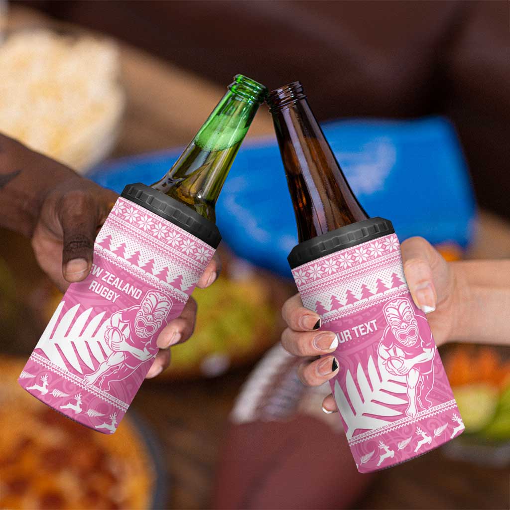 New Zealand Christmas Rugby Personalised 4 in 1 Can Cooler Tumbler Meri Kirihimete All Black Maori Pink Version - Polynesian Pride