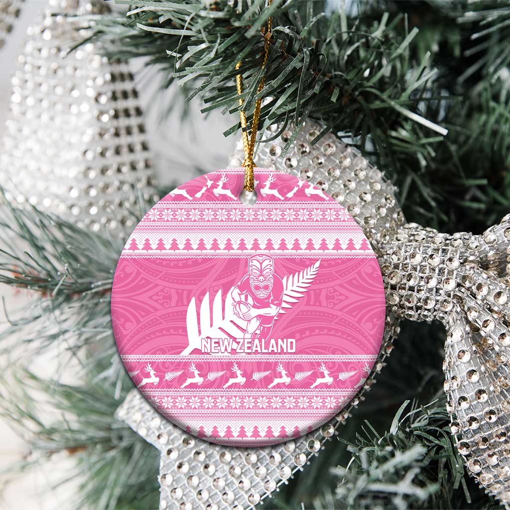 New Zealand Christmas Rugby Personalised Ceramic Ornament Meri Kirihimete All Black Maori Pink Version - Polynesian Pride