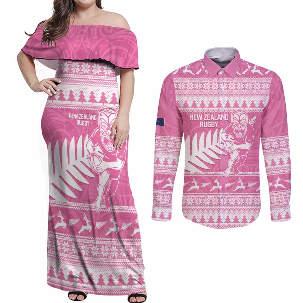 New Zealand Christmas Rugby Personalised Couples Matching Off Shoulder Maxi Dress and Long Sleeve Button Shirt Meri Kirihimete All Black Maori Pink Version - Polynesian Pride