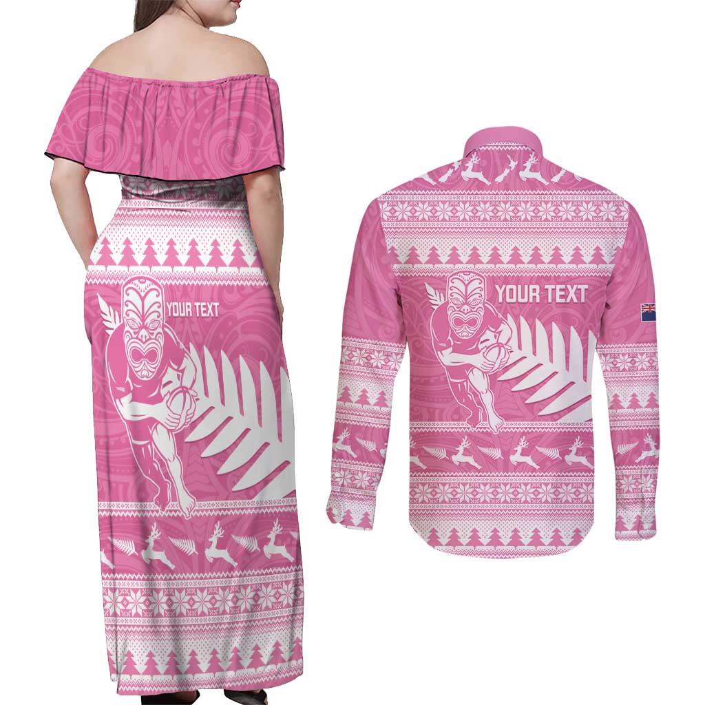 New Zealand Christmas Rugby Personalised Couples Matching Off Shoulder Maxi Dress and Long Sleeve Button Shirt Meri Kirihimete All Black Maori Pink Version - Polynesian Pride