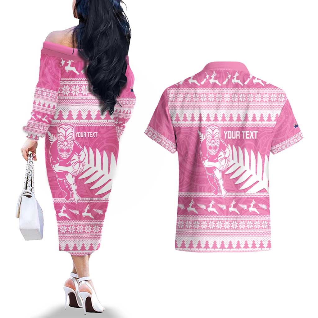 New Zealand Christmas Rugby Personalised Couples Matching Off The Shoulder Long Sleeve Dress and Hawaiian Shirt Meri Kirihimete All Black Maori Pink Version - Polynesian Pride