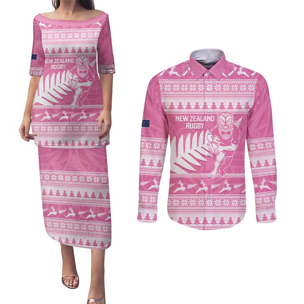 New Zealand Christmas Rugby Personalised Couples Matching Puletasi and Long Sleeve Button Shirt Meri Kirihimete All Black Maori Pink Version - Polynesian Pride