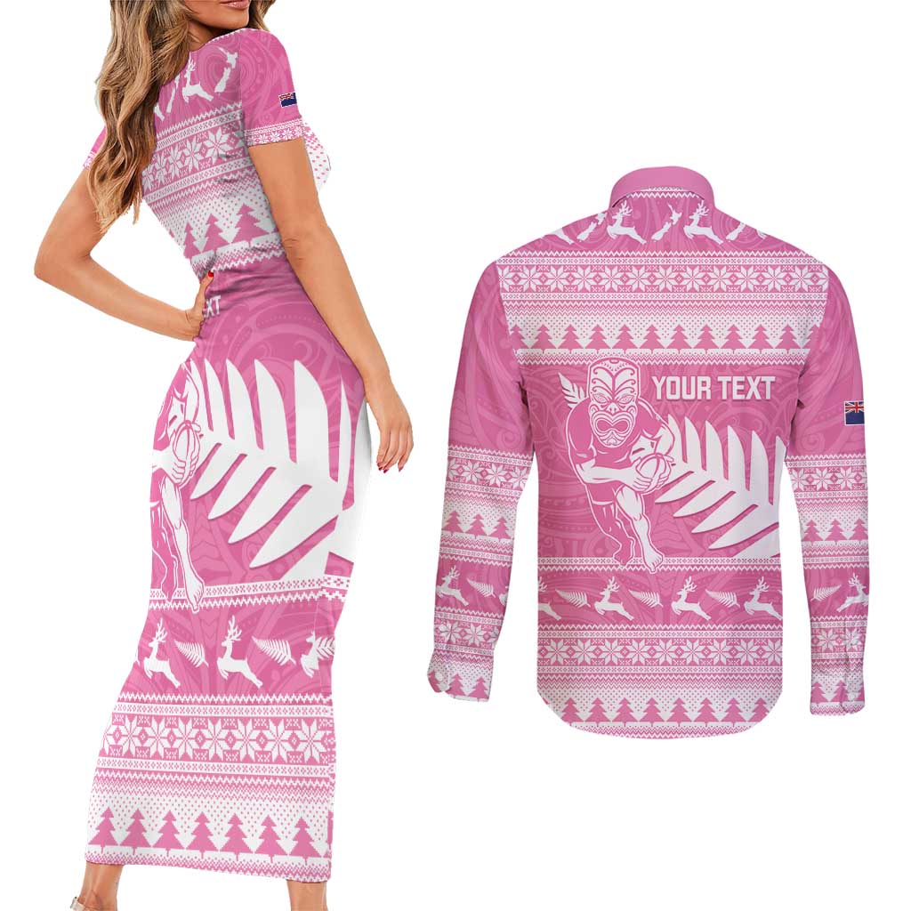 New Zealand Christmas Rugby Personalised Couples Matching Short Sleeve Bodycon Dress and Long Sleeve Button Shirt Meri Kirihimete All Black Maori Pink Version - Polynesian Pride