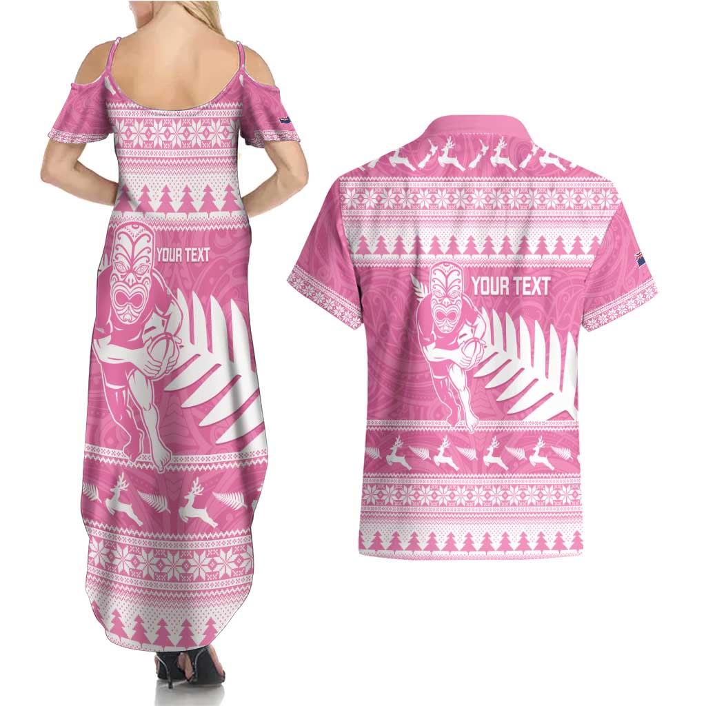 New Zealand Christmas Rugby Personalised Couples Matching Summer Maxi Dress and Hawaiian Shirt Meri Kirihimete All Black Maori Pink Version - Polynesian Pride