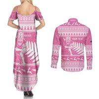 New Zealand Christmas Rugby Personalised Couples Matching Summer Maxi Dress and Long Sleeve Button Shirt Meri Kirihimete All Black Maori Pink Version - Polynesian Pride