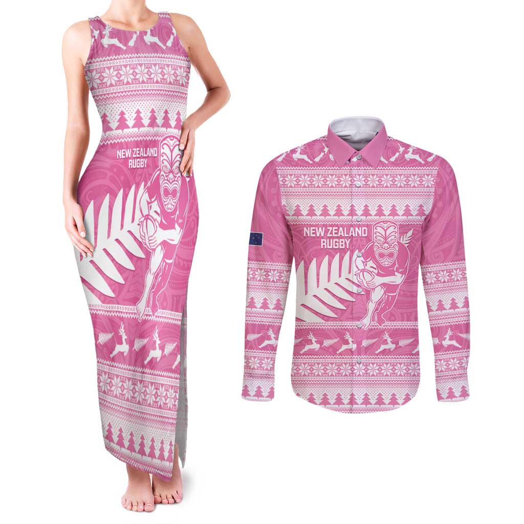 New Zealand Christmas Rugby Personalised Couples Matching Tank Maxi Dress and Long Sleeve Button Shirt Meri Kirihimete All Black Maori Pink Version - Polynesian Pride