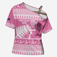 New Zealand Christmas Rugby Personalised Cross Shoulder Shirt Meri Kirihimete All Black Maori Pink Version - Polynesian Pride