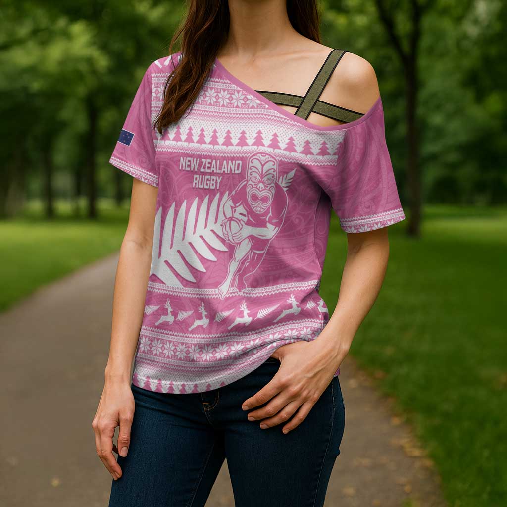 New Zealand Christmas Rugby Personalised Cross Shoulder Shirt Meri Kirihimete All Black Maori Pink Version - Polynesian Pride