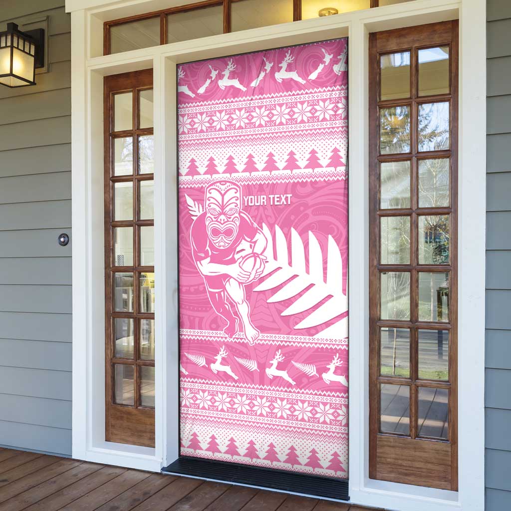 New Zealand Christmas Rugby Personalised Door Cover Meri Kirihimete All Black Maori Pink Version - Polynesian Pride